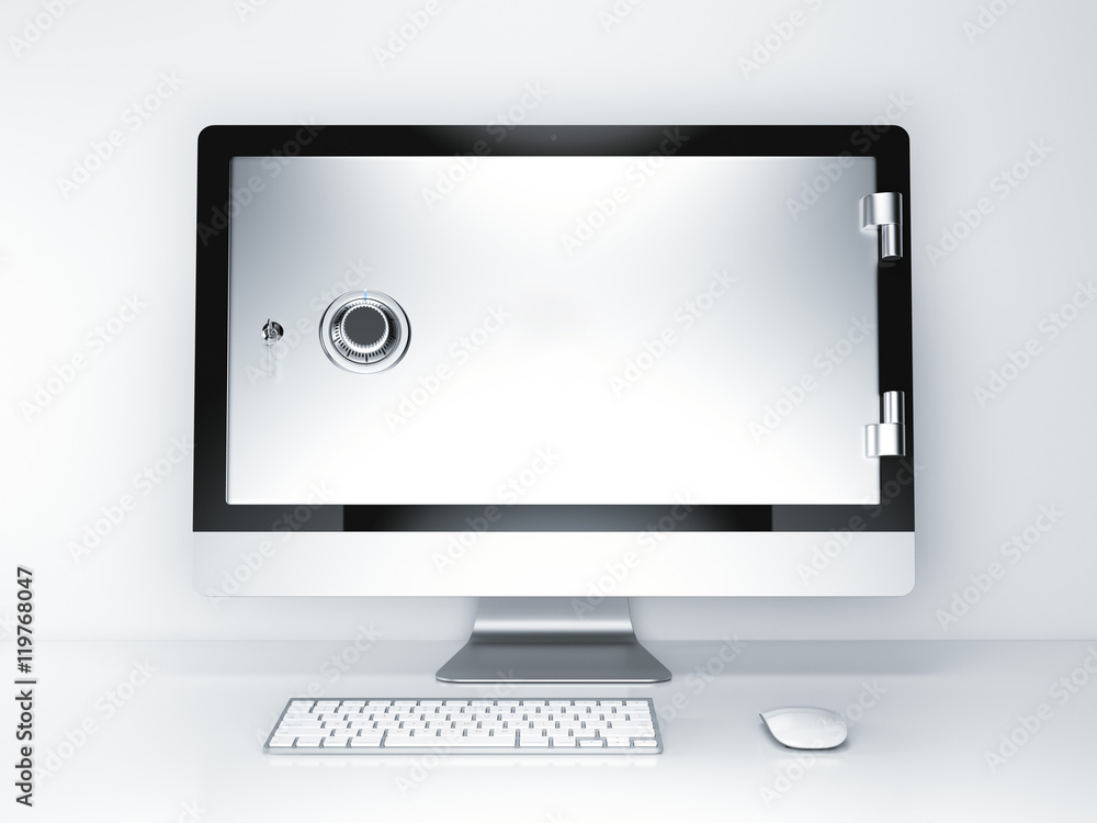 Poster internet security concept. monitor screen with safe door. 3d rendering