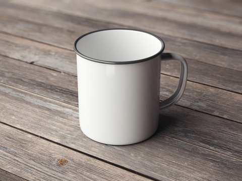 White enamel mug on wooden floor. 3d rendering