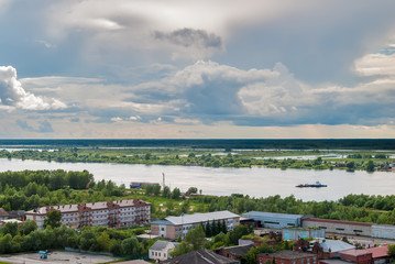 Tobolsk, Russia - July 15, 2016: Little ferry is transported through Irtysh river