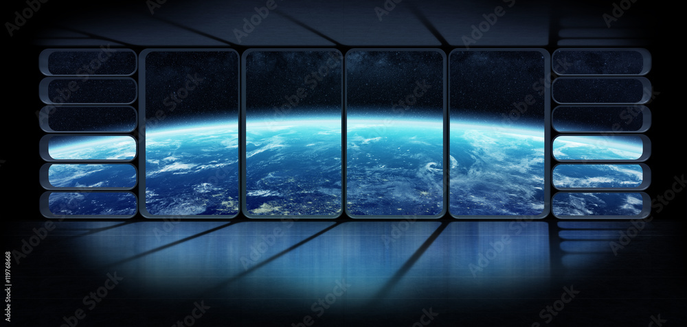 Aufkleber View of the planet earth from a huge spaceship window 3D renderi