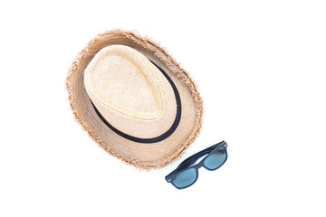 Men's accessories with vintage hat and sunglasses on white background 