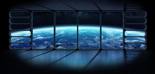 View of the planet earth from a huge spaceship window 3D renderi © sdecoret