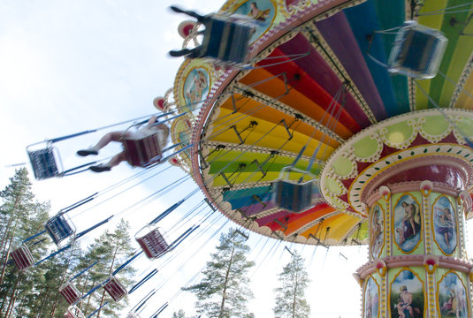 Kouvola, Finland 7 June 2016 - Ride Swing Carousel in motion in amusement park Tykkimaki