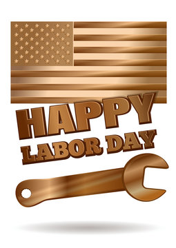 Labor Day design. Gold United States flag, golden wrench and inscription - Happy Labor Day. Vector illustration