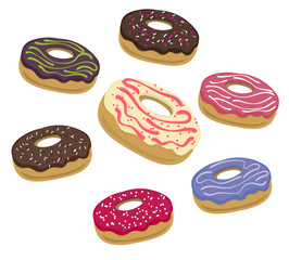 isolated set of donuts placed on white background. sweet glazed donut. flat design. side view