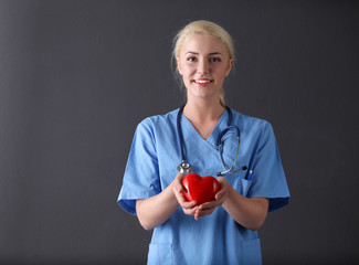 Doctor with stethoscope holding heart, isolated on gray background