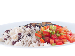 fried eggplant, amaranth rice with beans and tomato salad