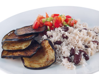 fried eggplant, amaranth rice with beans and tomato salad