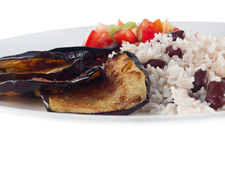 fried eggplant, amaranth rice with beans and tomato salad