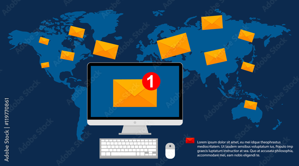 Poster sending or receiving email sms and mms messages around the world. e-mail marketing concept. vector i