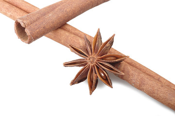 cinnamon stick and star anise spice on the white