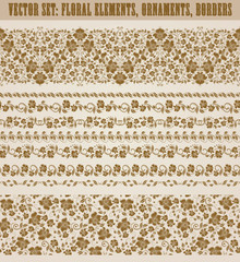 Set of lace borders for design ornate invitation, greeting, wedding, gift card, certificate, diploma, voucher. Seamless floral damask ornament. Page decoration in vintage style. Vector illustration.