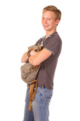 Portrait of happy smiling student with backpack isolated on whit