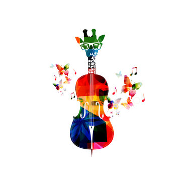 Creative music concept vector illustration, colorful giraffe hipster with butterflies. Giraffe head violoncello, hipster animals, string music instrument with music notes. Music style template