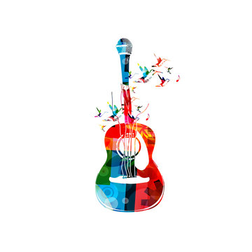 Creative music style template vector illustration, colorful acoustic guitar with microphone, string music instrument with hummingbirds background. Design for poster, concert, music festival, shop