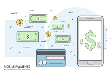 Concept mobile and online payments. E-commerce concept. Web banners. Line art design. Vector illustration