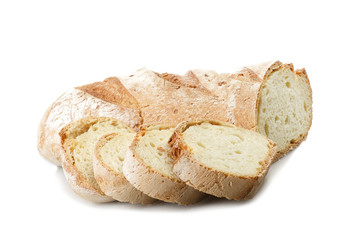 Homemade bread sliced close up on white