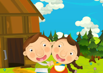 Fototapeta premium Cartoon happy and funny farm scene with young pair of kids - brother and sister - illustration for children