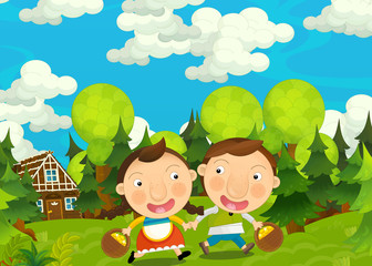 Cartoon happy and funny farm scene with young pair of kids - brother and sister - illustration for children