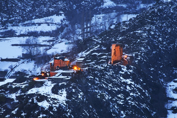 Fototapeta premium Sant Roma church and Torre dels Moros in Encamp. Principality of Andorra