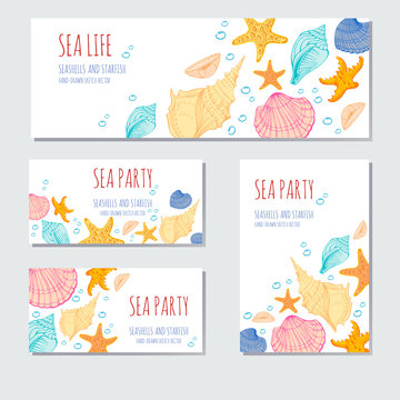 Seashells, Starfish. Vector banners. Hand drawn sketch. Greeting card, invitation.