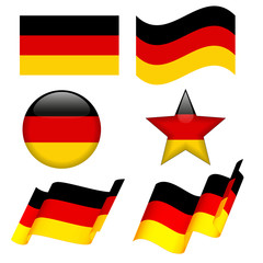 Set of Germany flag concepts isolated on white background, like flat, waving, round shape, star shape. Collection of elements for logos, icons, print products, page and web decor.