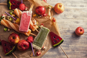 peach, strawberry and pistachio yellow, orange, red and green ic