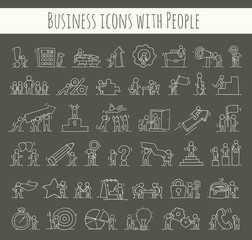 Business icons set of sketch working little people