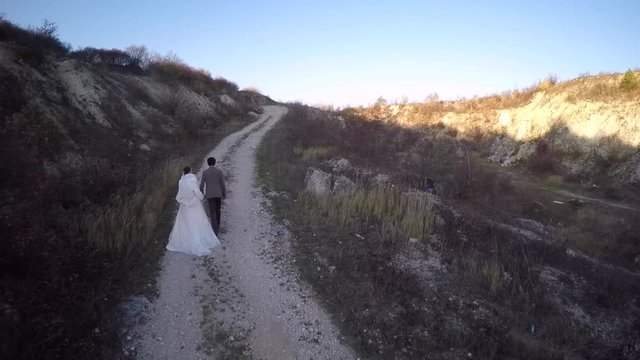 Newlyweds walk up hill aerial view