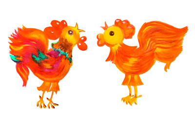 Drawn colorful roosters in orange fire color