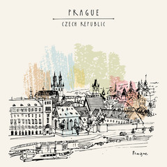 Prague skyline, Czech Republic, Europe. European cityscape. Travel sketch. Hand-drawn vintage touristic postcard, poster, book or calendar illustration
