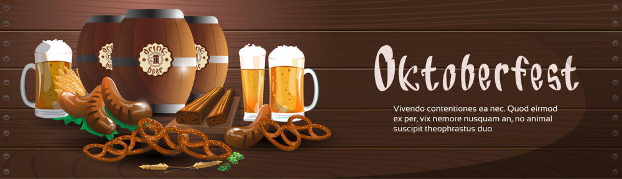 Beer Glass Mug Barrel With Sausage Pretzel Oktoberfest Festival Banner