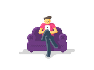 Man sitting on a couch with tablet or phone. Flat vector illustration.