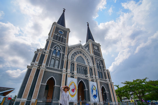 Asia Woman Standing At Roman Catholic Diocese