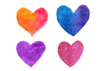 Multi-colored hearts in watercolor