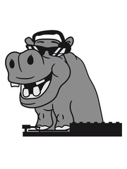 mischpult party dj music disco headphones sunglasses cool hang celebrate hippopotamus humor comic cartoon