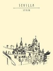Naklejka premium Church of El Salvador in Seville, Andalusia, Spain, Europe. Spanish historical building, Baroque style, 17-18th century.Travel sketch. Handdrawn book illustration, touristic postcard or poster
