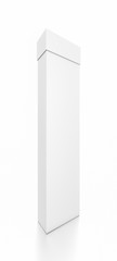 White tall thin vertical rectangle blank box with cover from front side angle.