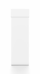 White tall vertical rectangle blank box with cover from front angle.