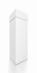 White tall vertical rectangle blank box with cover from front side angle.