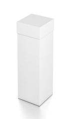 White tall vertical rectangle blank box with cover from top far side angle.