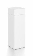 White tall vertical rectangle blank box with cover from top front side angle.