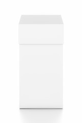 White vertical rectangle blank box with cover from top front angle.
