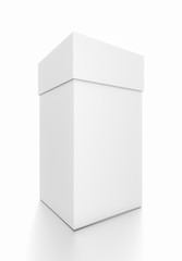 White vertical rectangle blank box with cover from front side angle.