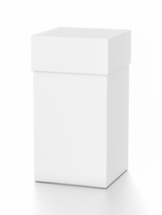 White vertical rectangle blank box with cover from top front far side angle.