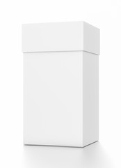 White vertical rectangle blank box with cover from front far side angle.