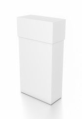 White thin vertical rectangle blank box with cover from top side angle.