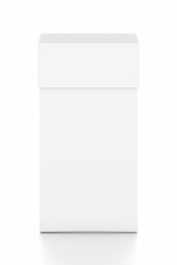White thin vertical rectangle blank box with cover from top front angle.