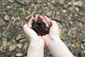 土を持つ女性の手
