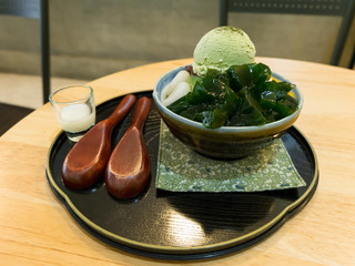Japanese green tea shaved ice with red bean and ice cream